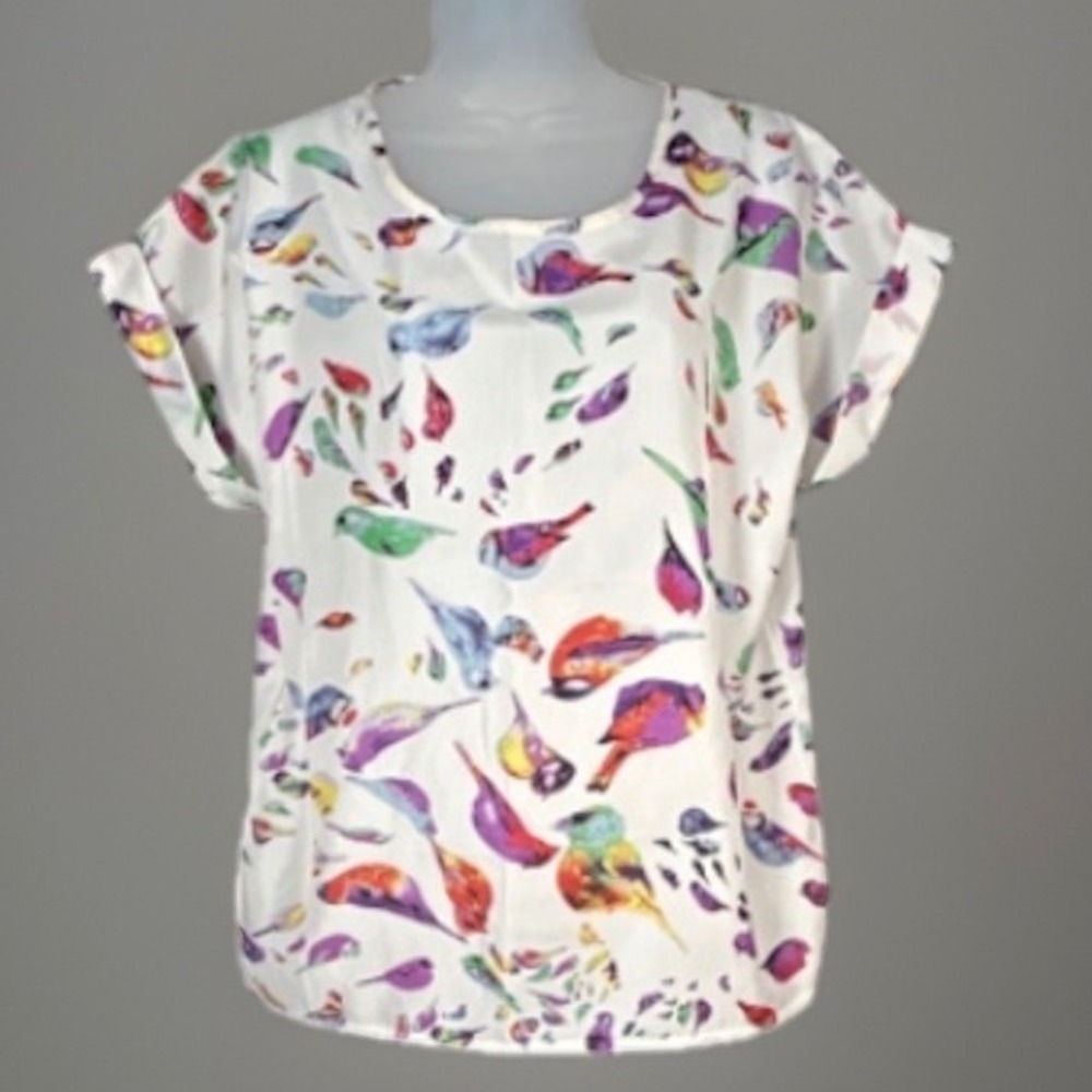 Women's White Multicolor Bird-Print Blouse